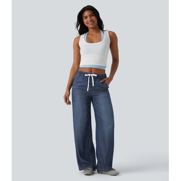 HALARA Pants - HALARA Wide Leg Denim-Blue Drawstring Pants